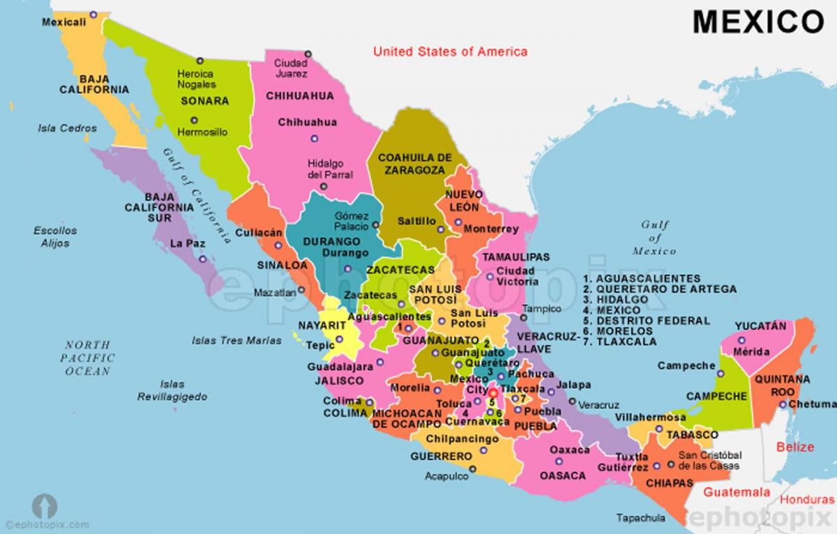 मेक्सिको के नक्शे के साथ राज्यों की राजधानियों और
