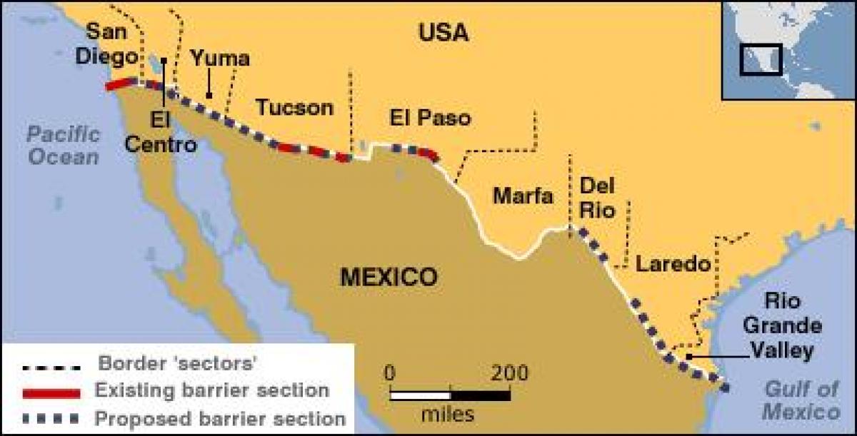 नक्शे के साथ मैक्सिकन सीमा